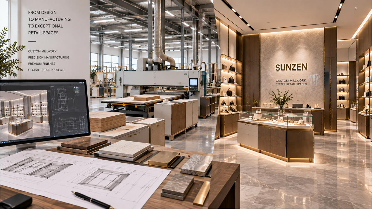 Retail millwork manufacturer producing custom cabinetry counters wall systems integrated displays and architectural store fixtures for commercial interiors