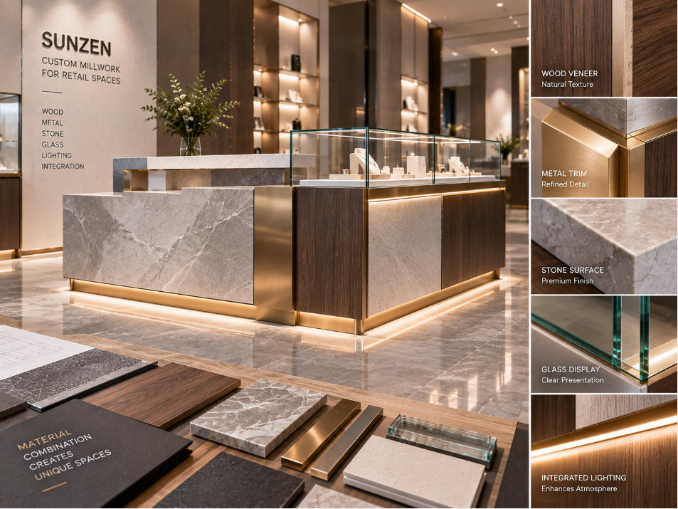 Custom retail millwork combining wood veneer cabinetry metal trim stone surfaces glass displays and integrated lighting