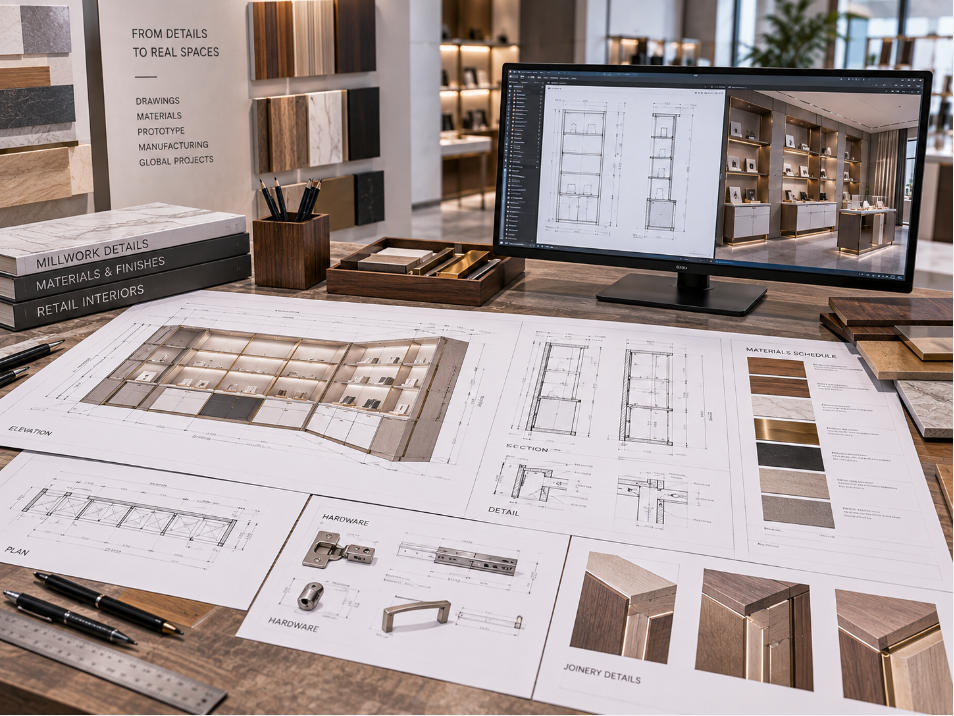 Retail millwork shop drawings detailing custom cabinetry sections dimensions joinery hardware materials and architectural interfaces