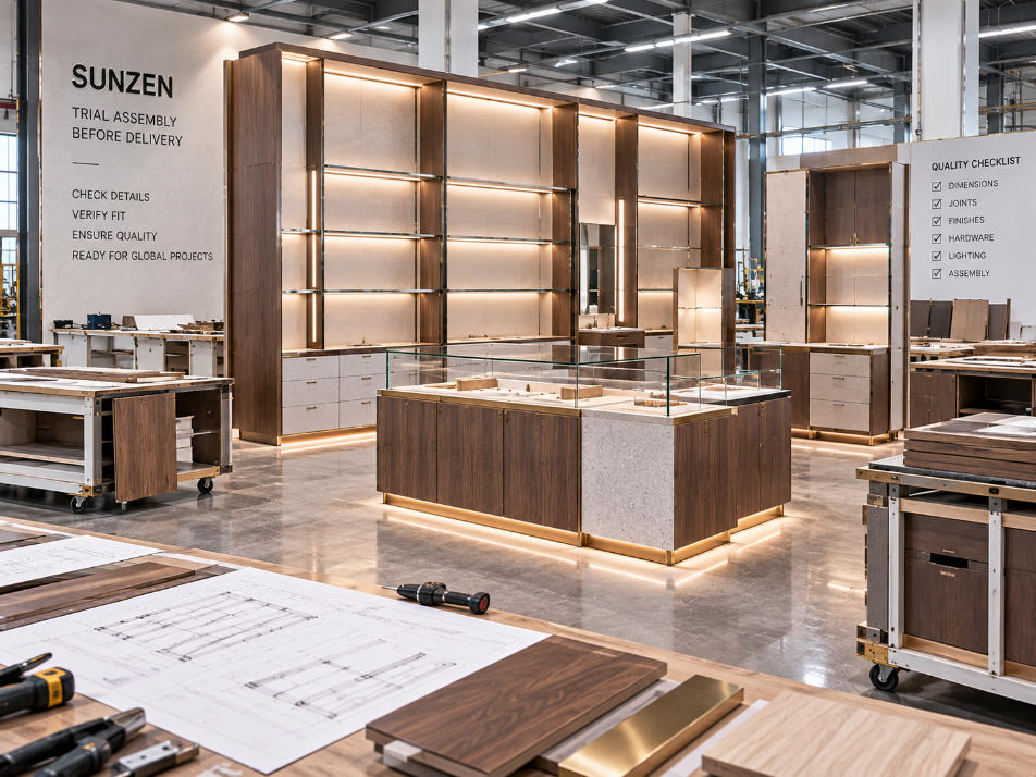 Retail millwork manufacturer trial assembling custom wall cabinetry counters and mixed material store fixtures before project delivery