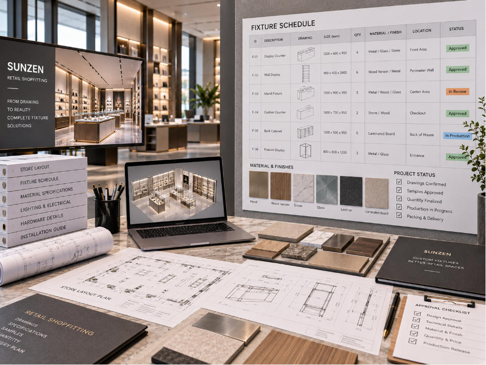 Retail shopfitting fixture schedule coordinating fixture IDs drawings quantities materials finishes locations and approval status