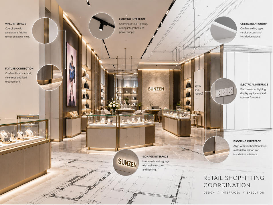 Retail shopfitting coordination between custom fixtures walls flooring lighting electrical signage and surrounding commercial interior