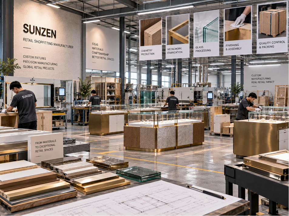 Retail shopfitting manufacturer coordinating custom cabinetry metal glass counters wall fixtures and showcases for a commercial store project