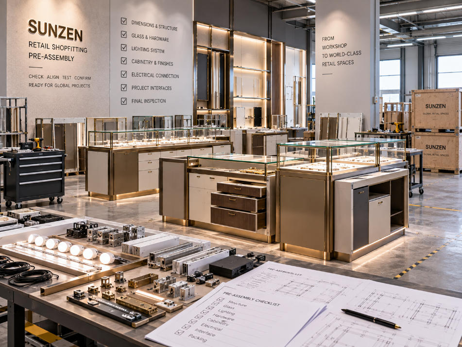 Retail shopfitting pre assembly checking custom counters wall fixtures showcases cabinetry lighting hardware and project interfaces before packing