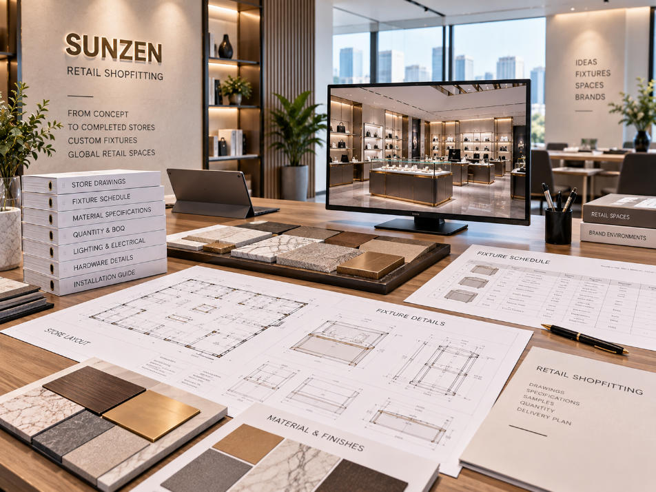 Retail shopfitting project package with store drawings fixture schedules specifications material references quantities and technical details