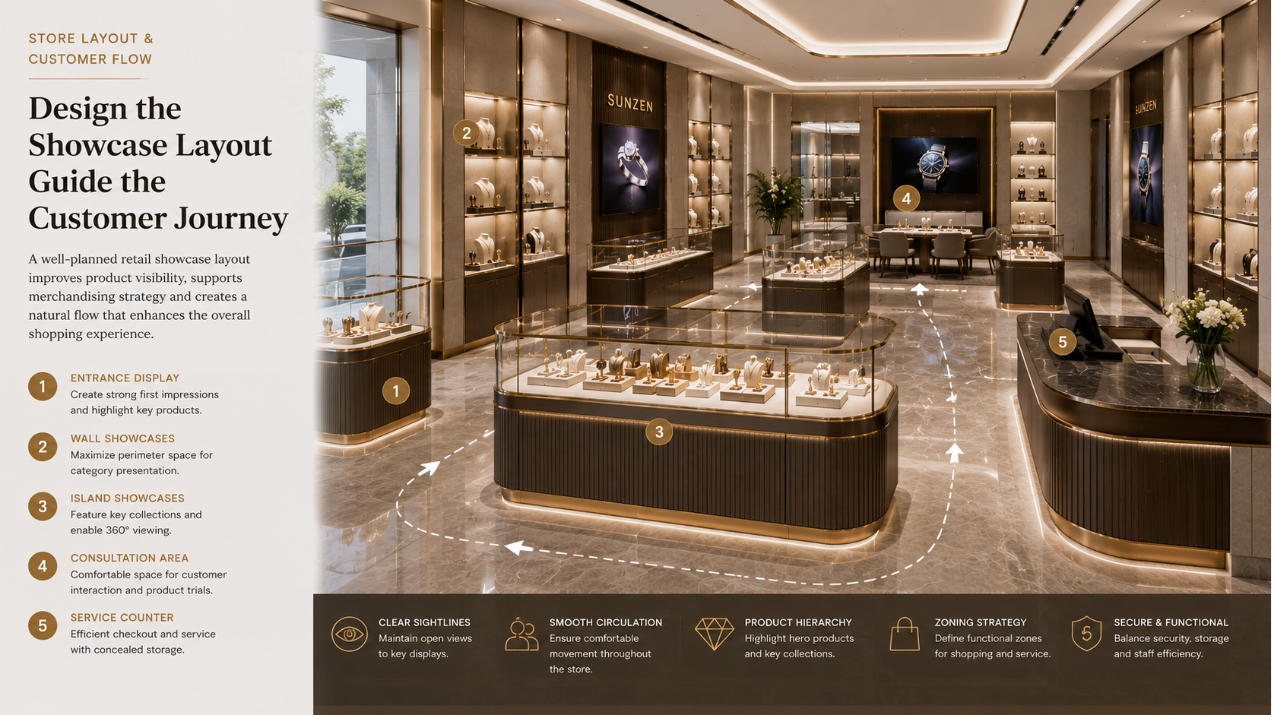 Retail showcase design for branded stores with custom display cases merchandising zones lighting and coordinated retail fixtures