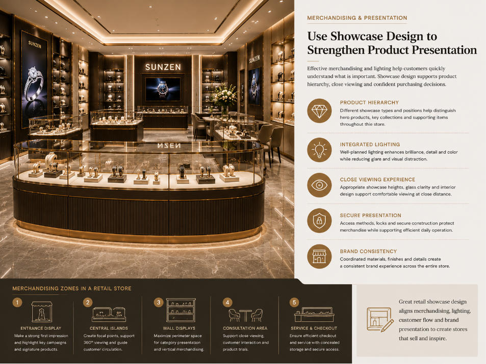 Retail showcase fixture family design with coordinated wall displays islands counters and feature display cases