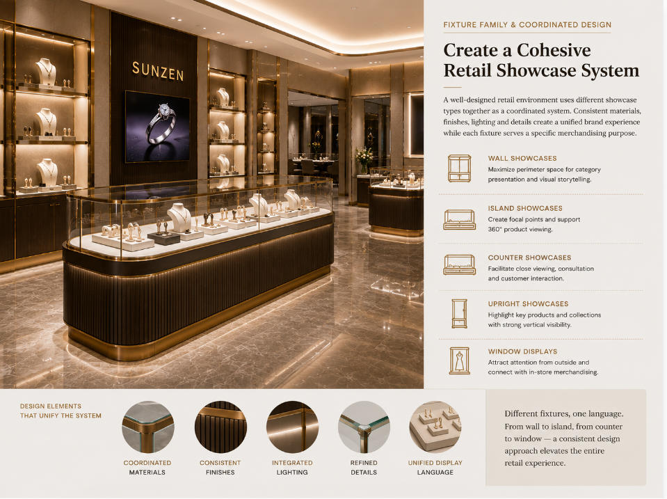 Retail showcase layout design with wall displays island showcases counters customer circulation and product zones