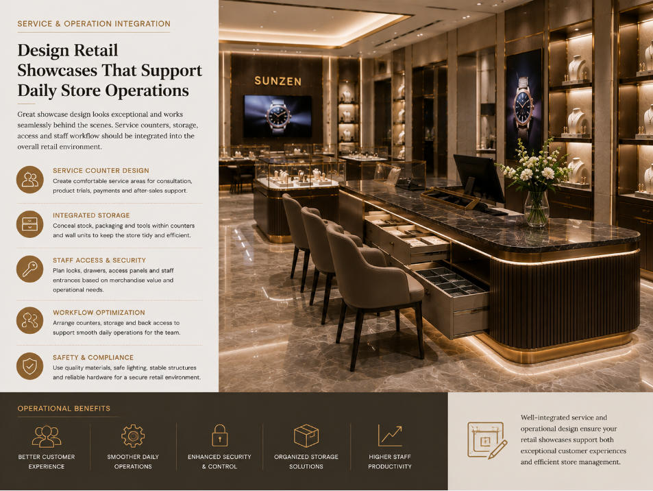 Retail showcase merchandising and lighting design with product hierarchy integrated LED illumination and branded display fixtures