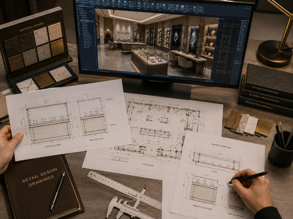 Retail store design CAD engineering and production drawings for custom display fixtures