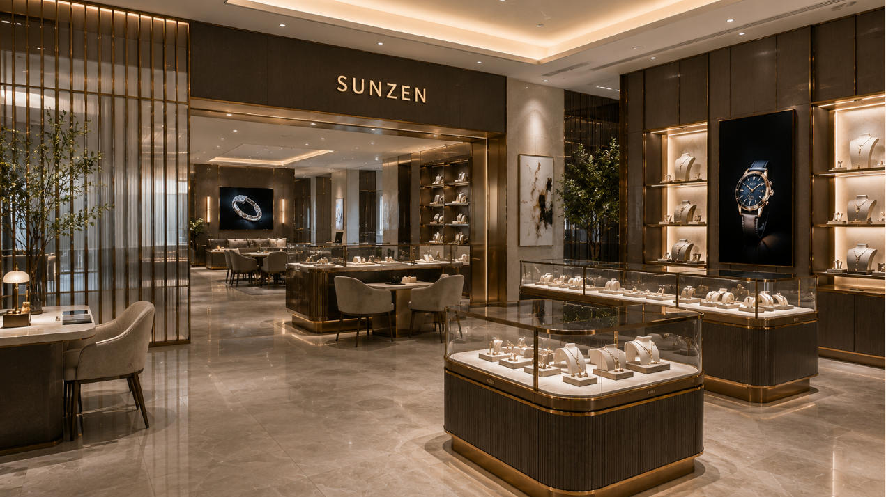 Retail store design with custom showcases space planning and luxury retail interior