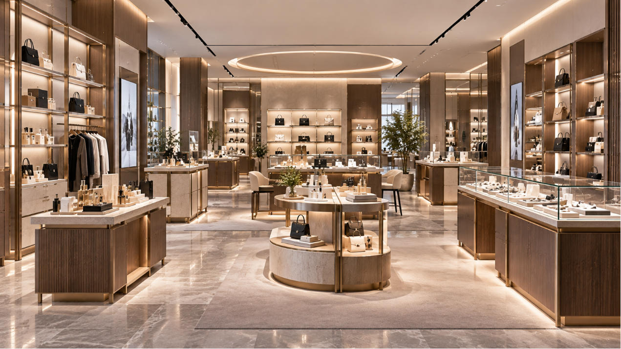 Retail store fixtures including custom counters wall displays shelving showcases freestanding units and service fixtures coordinated across a commercial store