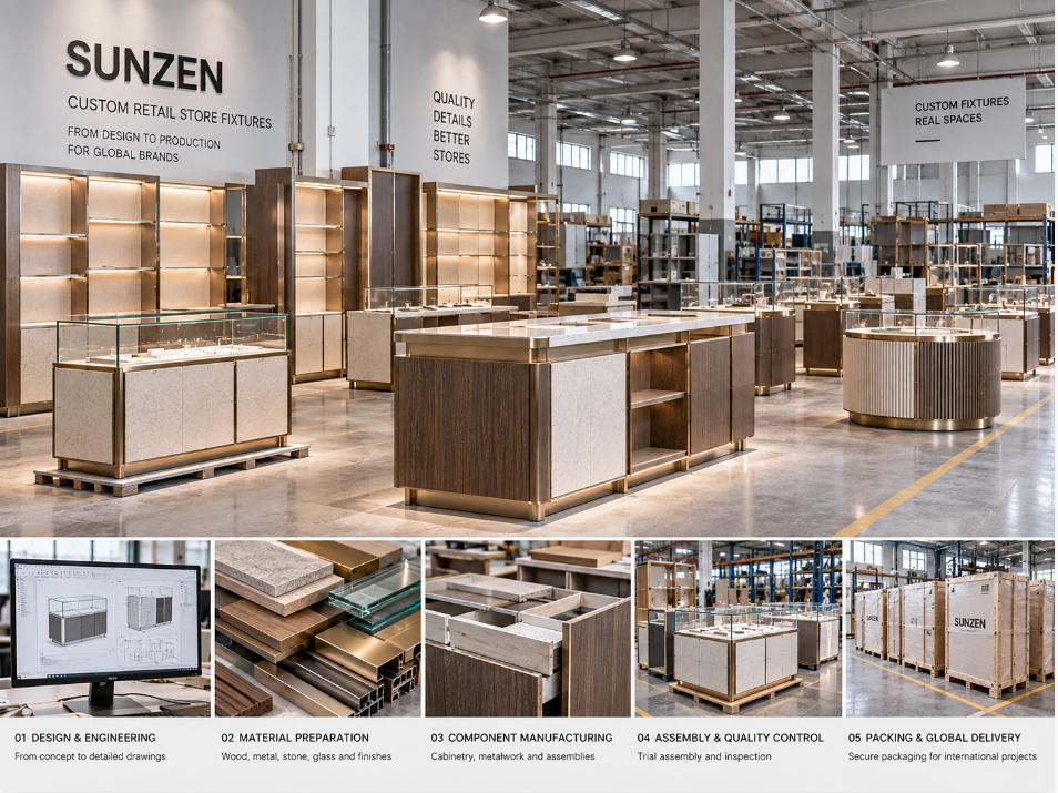 Retail store fixture manufacturing with coordinated wall displays counters shelving glass cases cabinetry metal components and finished fixture families