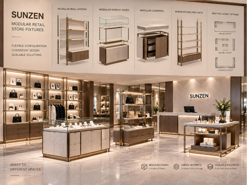 Retail store fixture family using modular wall displays freestanding units shelving and glass showcases across changing store layouts