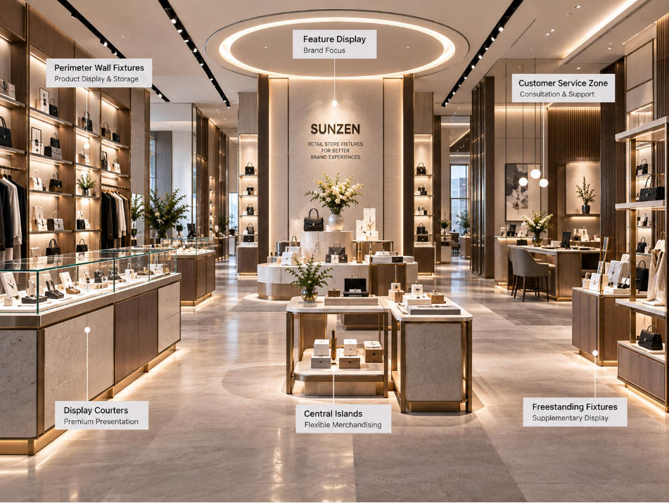 Retail store fixtures arranged with feature displays supporting wall fixtures central merchandising units and coordinated visual hierarchy