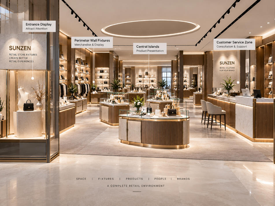 Retail store fixture system showing entrance feature displays perimeter wall fixtures central islands counters and customer service zones