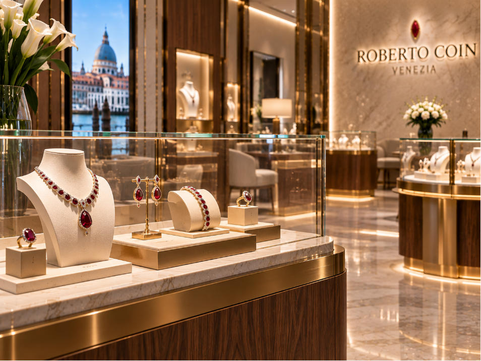 High jewelry display detail with walnut brass stone and glass inside Roberto Coin Venice