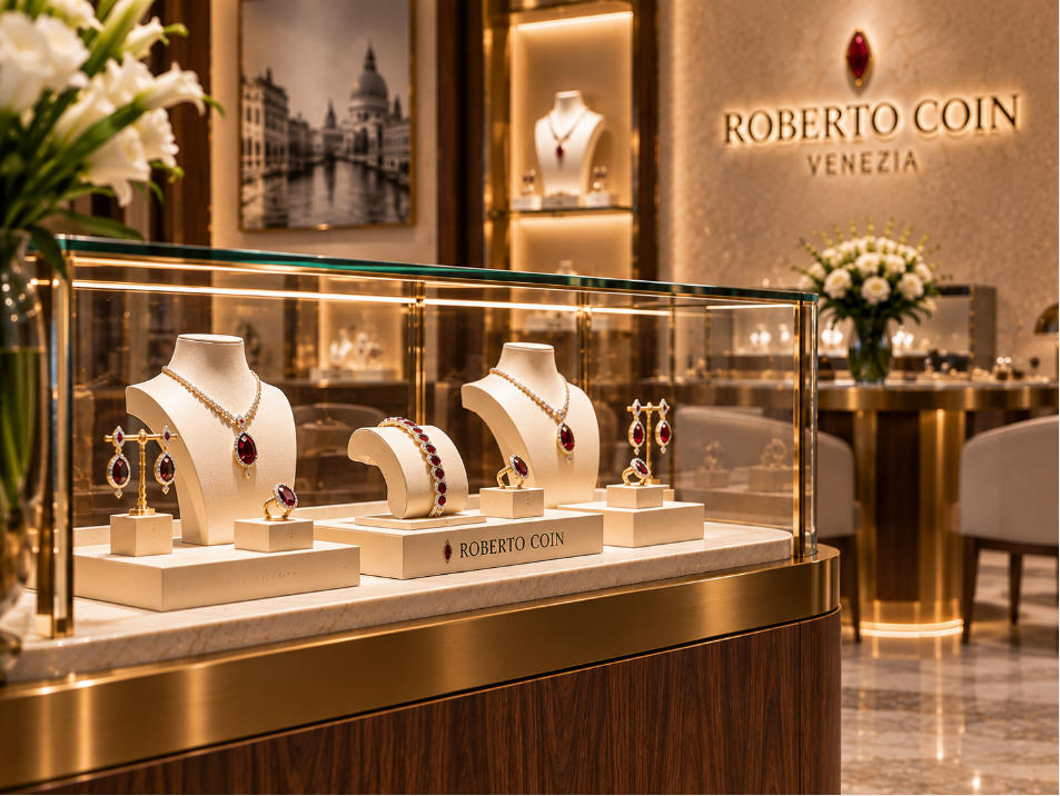 Walnut brass stone and glass jewelry showcase detail with warm focused lighting