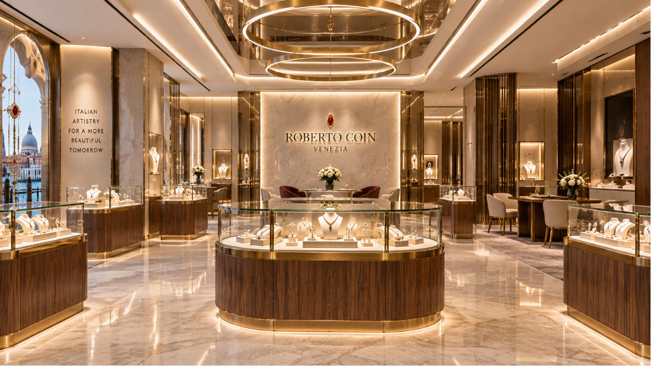 Roberto Coin Venice custom high jewelry store fixtures in Italian luxury jewelry boutique