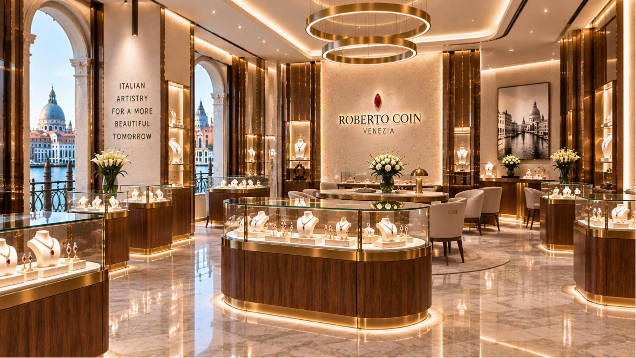 Completed Roberto Coin Venice interior with custom high jewelry store fixtures
