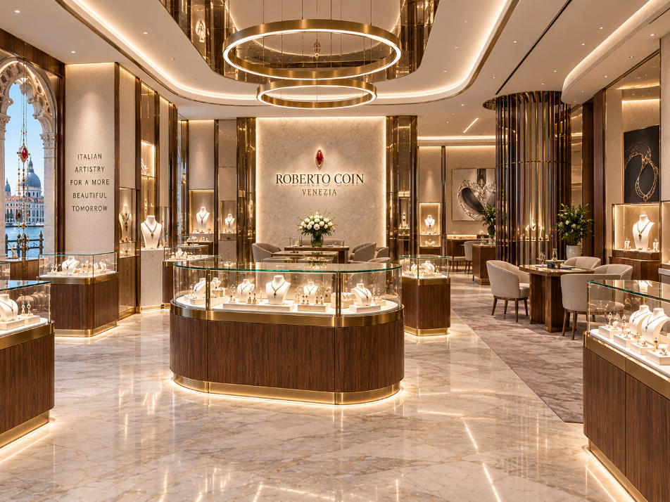 Open Italian luxury jewelry store layout with custom display fixtures inside Roberto Coin Venice