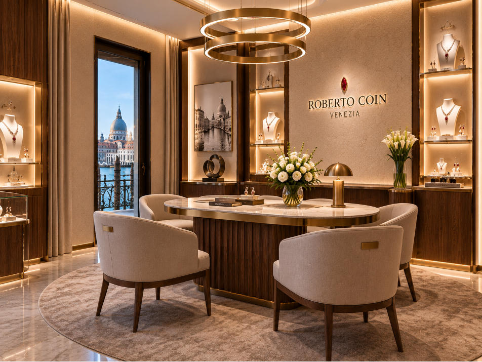 VIP high jewelry consultation room inside Italian luxury jewelry boutique in Venice