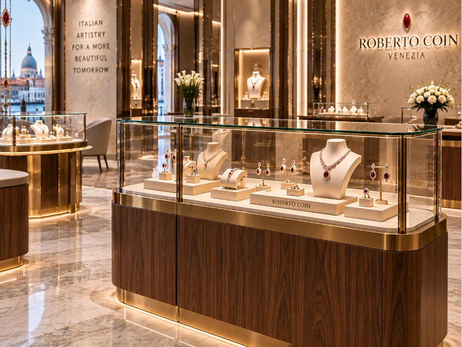 High jewelry showcase with walnut brass stone glass and warm focused lighting