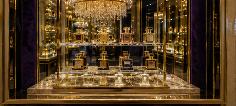 Crystal chandelier rack for layered full-series perfume grouping