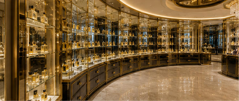 Curved mirror vitrine for crystal fragrance gallery walls