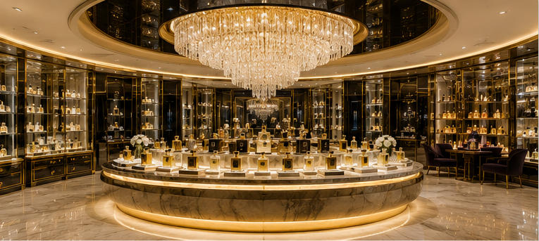 Floating marble perfume island for central palace tasting zone
