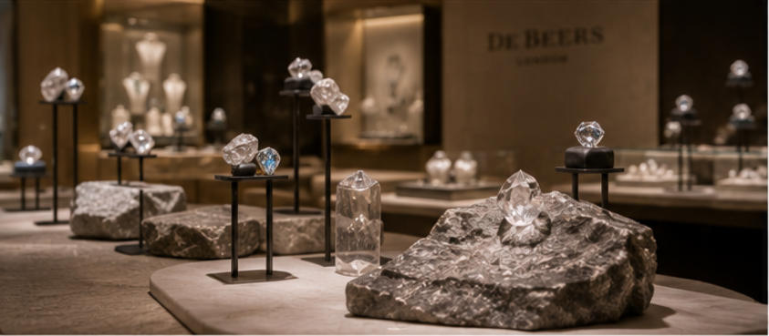 Rough & polished jewellery stands for raw and cut diamond contrast display