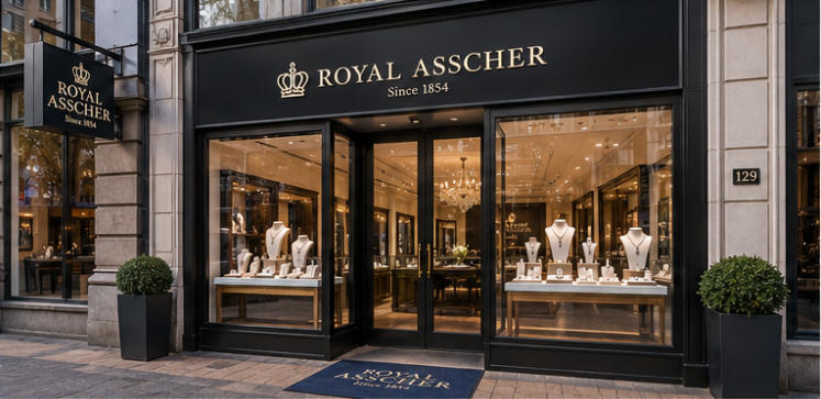 Dark timber diamond vitrines with warm focused spotlights for rare gem collections