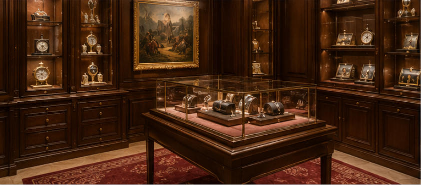 Salon-style watch counters in French classic luxury salon zone