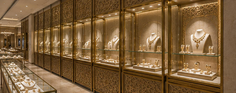Warm focus vitrine for open high-jewel circulation aisles