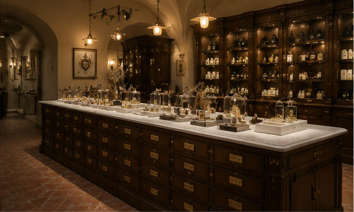 Apothocary drawer island for central herb blending tasting zone