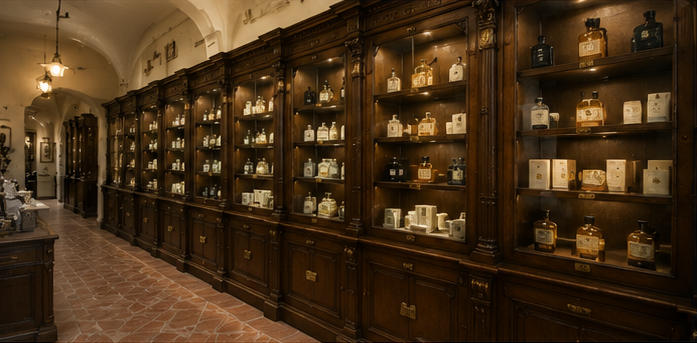 Carved wood vitrine for long historic fragrance gallery walls