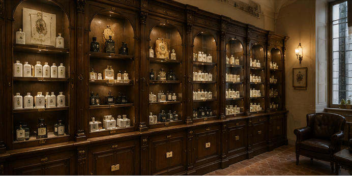 Antique glass niche for signature monastery scents