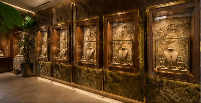 Gemstone vitrine natural stone wall tropical jewelry showcase