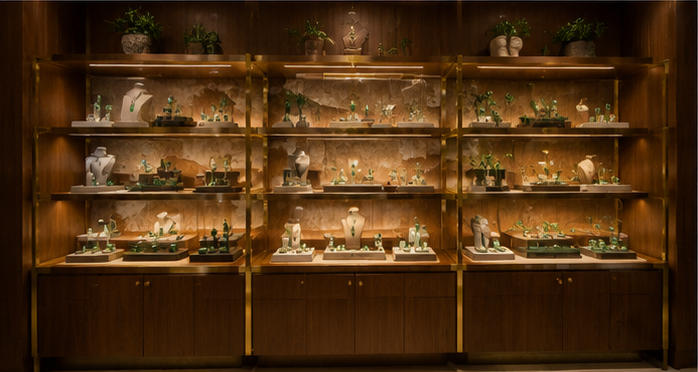 Natural timber rack tiered tropical gemstone shelf