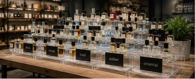 Acrylic tier rack for segmented scent brand partitions