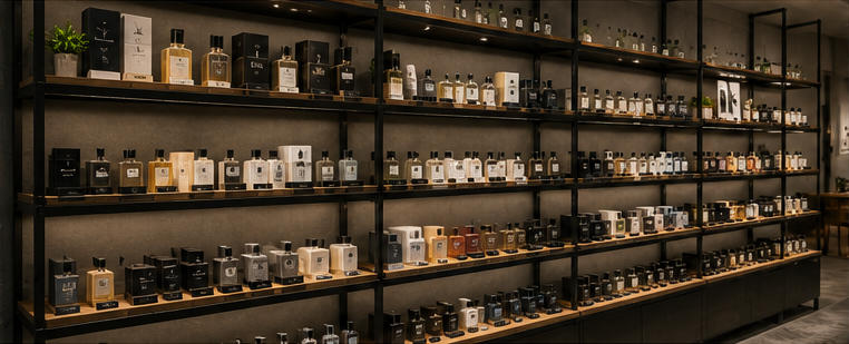 Black steel open vitrine for dense multi-brand gallery walls