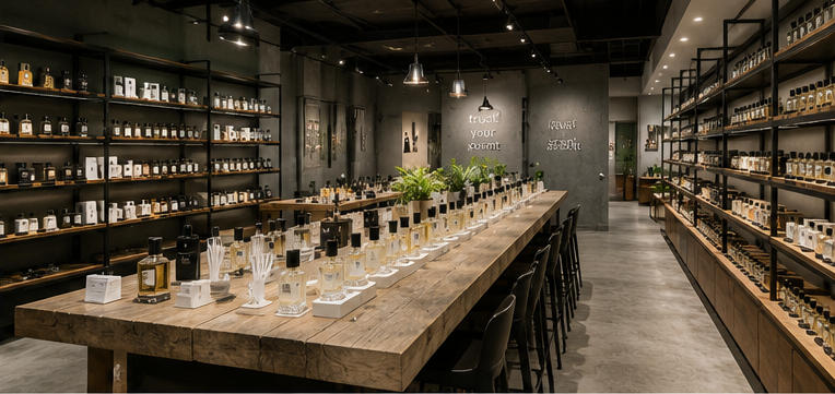 Raw wood tasting island for central open scent bar zone