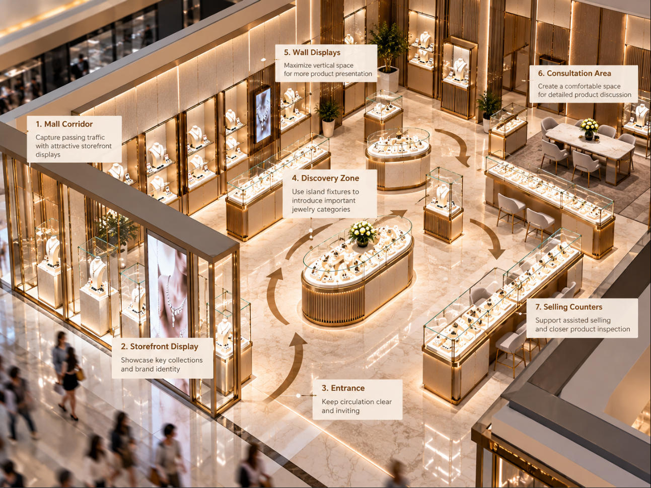 Shopping mall jewelry fixture planning coordinating storefront visibility entrance circulation islands counters wall displays and consultation zones