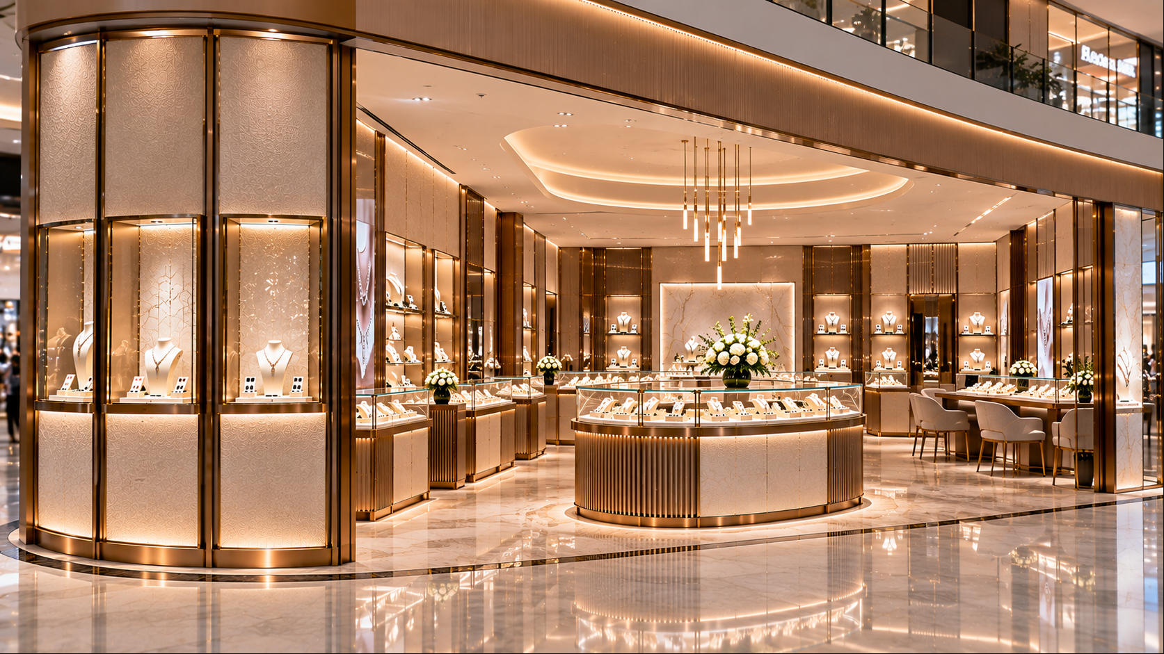 Completed shopping mall jewelry store using coordinated storefront displays islands counters wall showcases and consultation fixtures