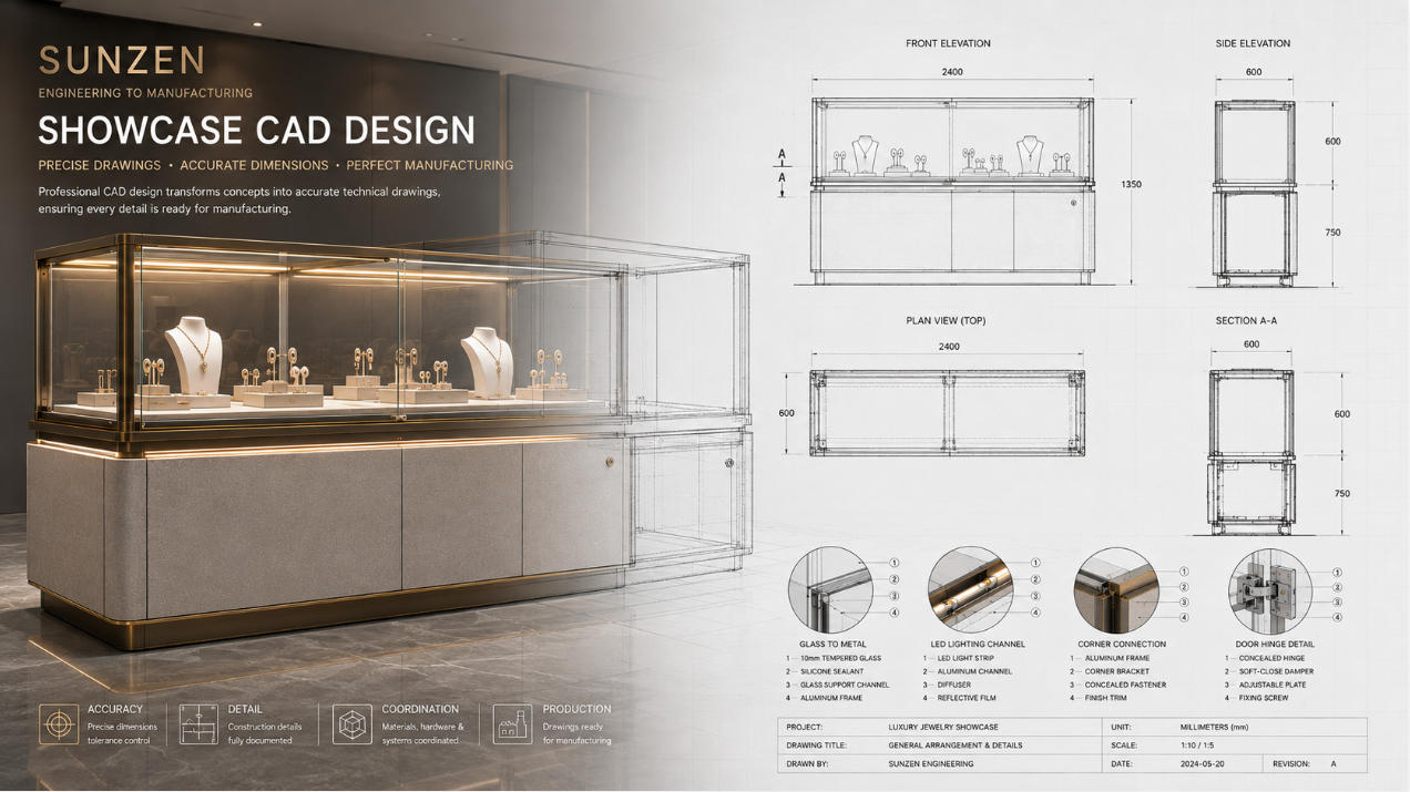 Showcase CAD design with professional display case technical drawings elevations sections dimensions construction details and 3D model