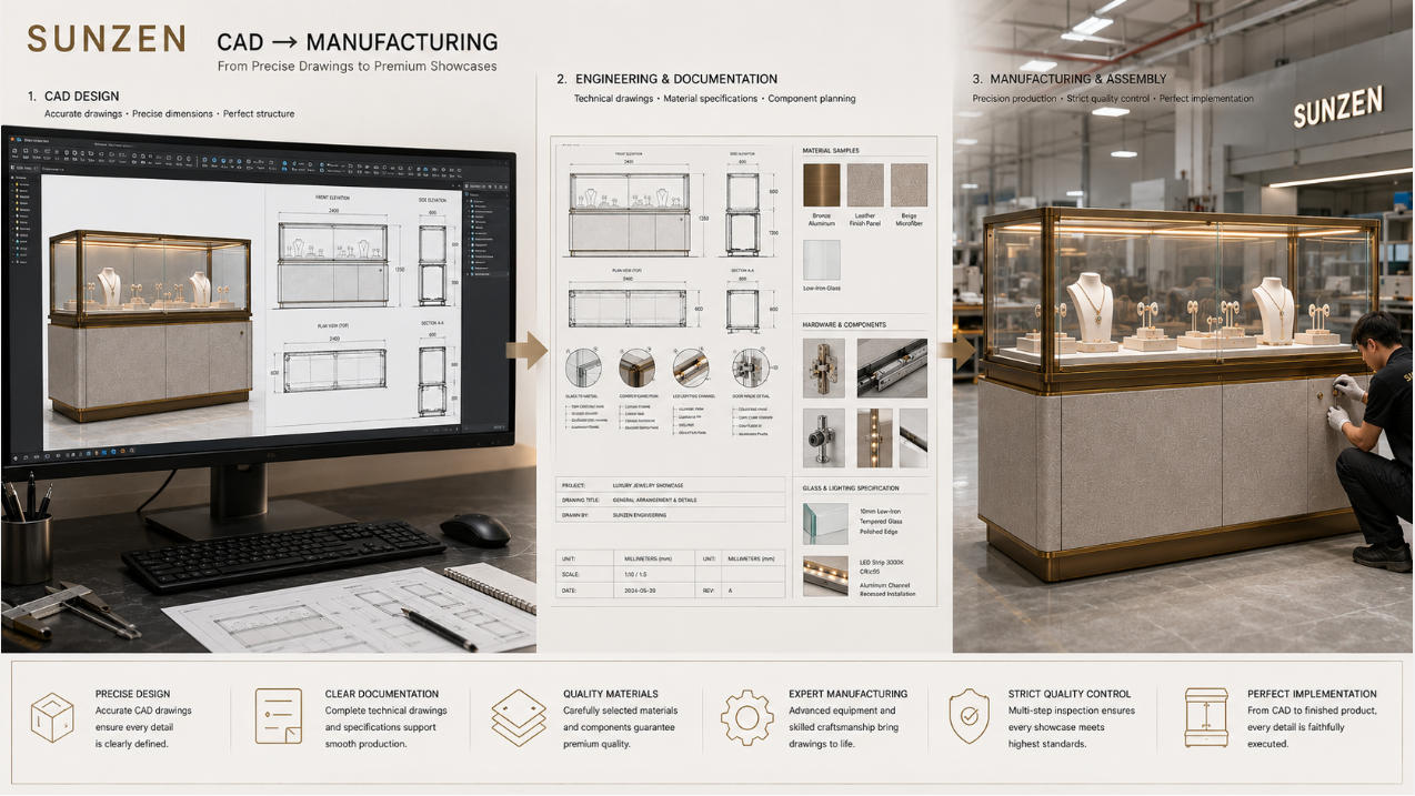 Showcase CAD design to manufacturing with technical drawings material specifications factory production assembly and finished display case