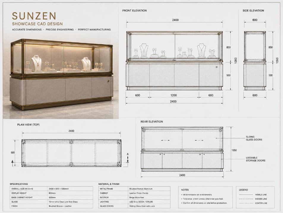 Showcase CAD drawing with front elevation side elevation top plan dimensions and display case technical information
