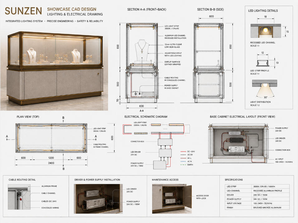Showcase CAD lighting and electrical drawing with LED profiles cable routes drivers power access and technical sections