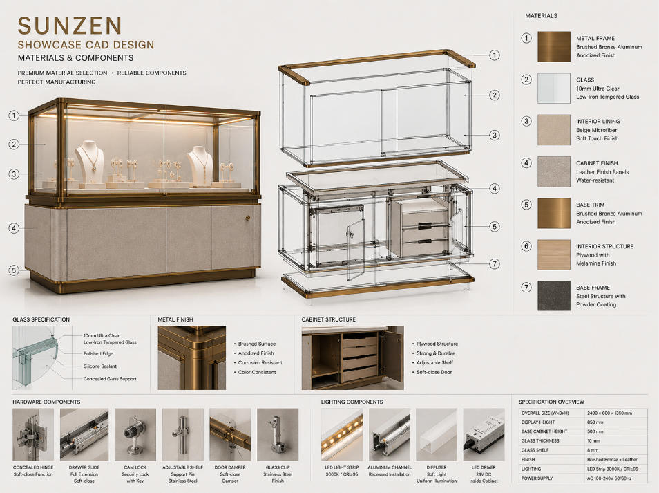Showcase CAD technical details with glass metal cabinetry materials hardware lighting components and specification callouts