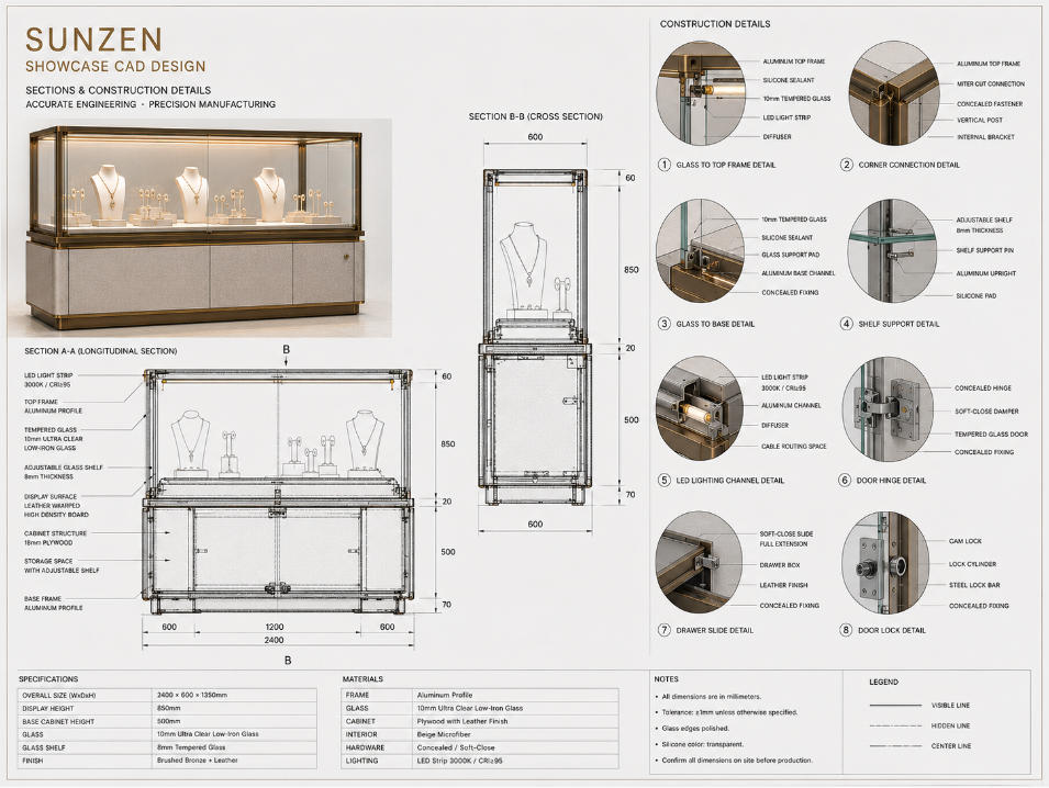 Showcase CAD sections and enlarged construction details showing glass metal frame LED channel hardware shelf and cabinet connections